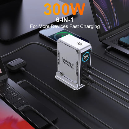300W GaN 6-Port Desktop Fast Charger Station with Digital Display
