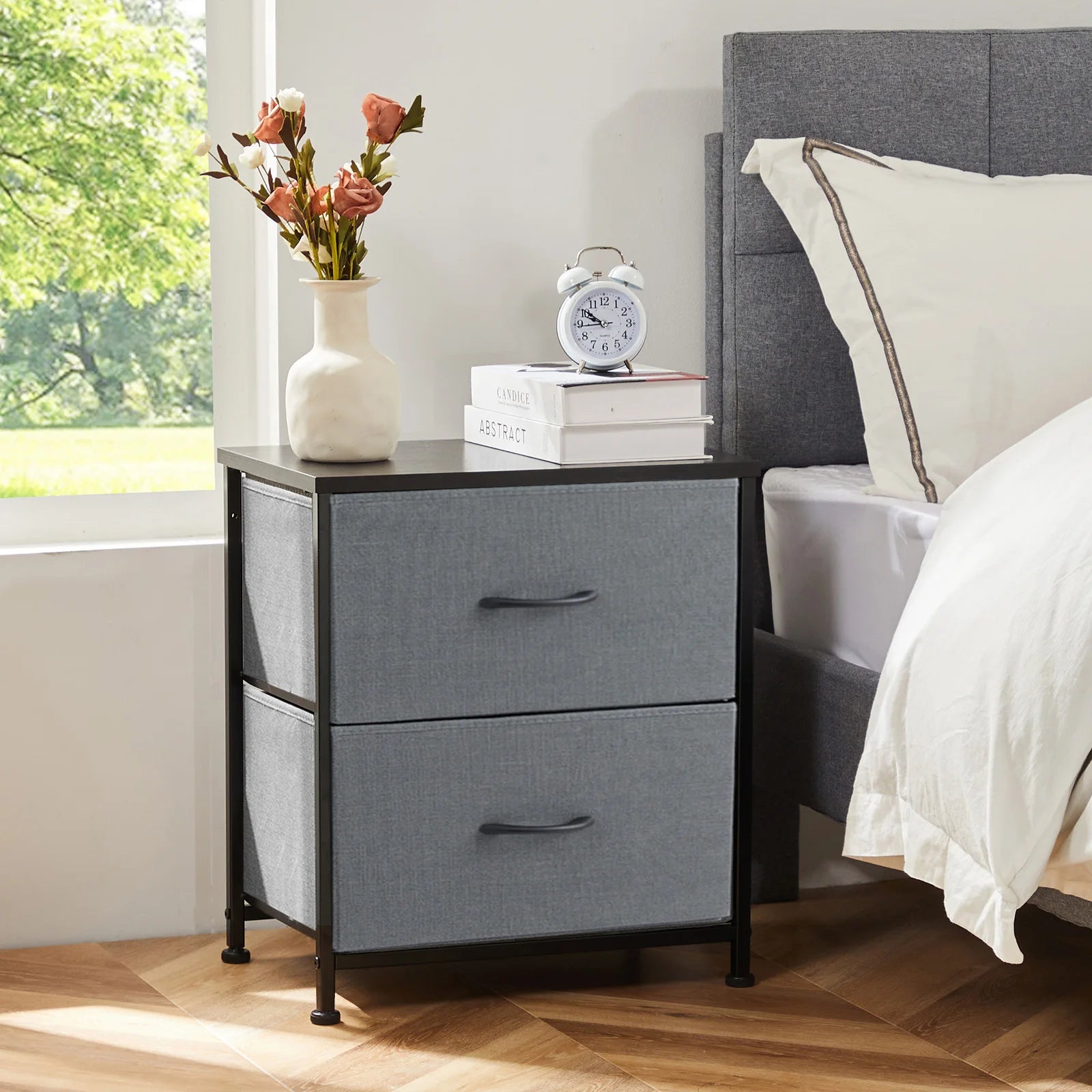 Modern 2-Drawer Nightstand with Fabric Storage Drawers – Bedroom Side Table - 12