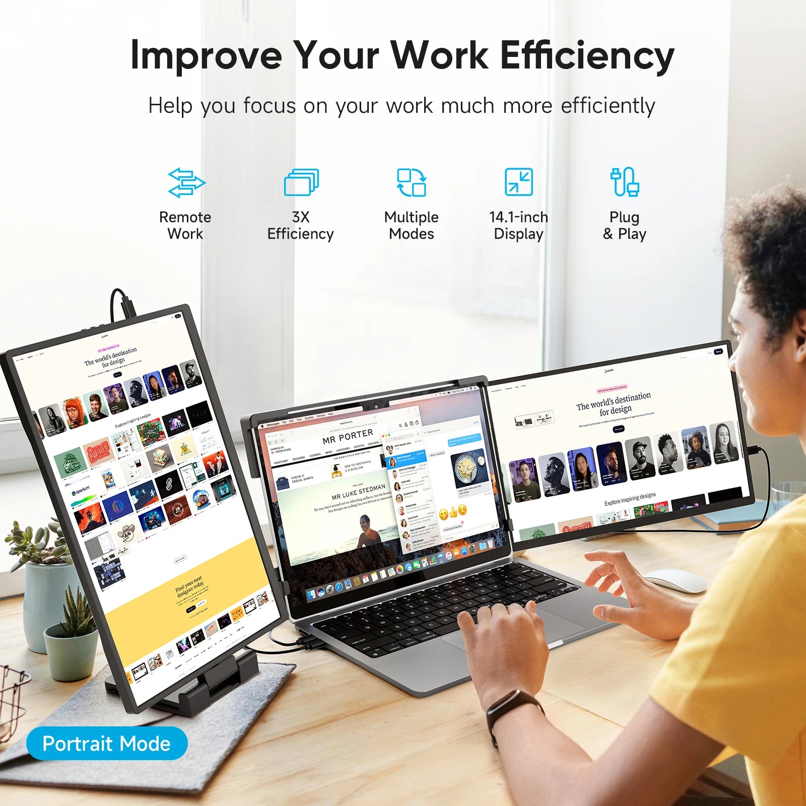14.1" Portable Laptop Monitor - 1200P FHD IPS Triple Screen Extender - 6
