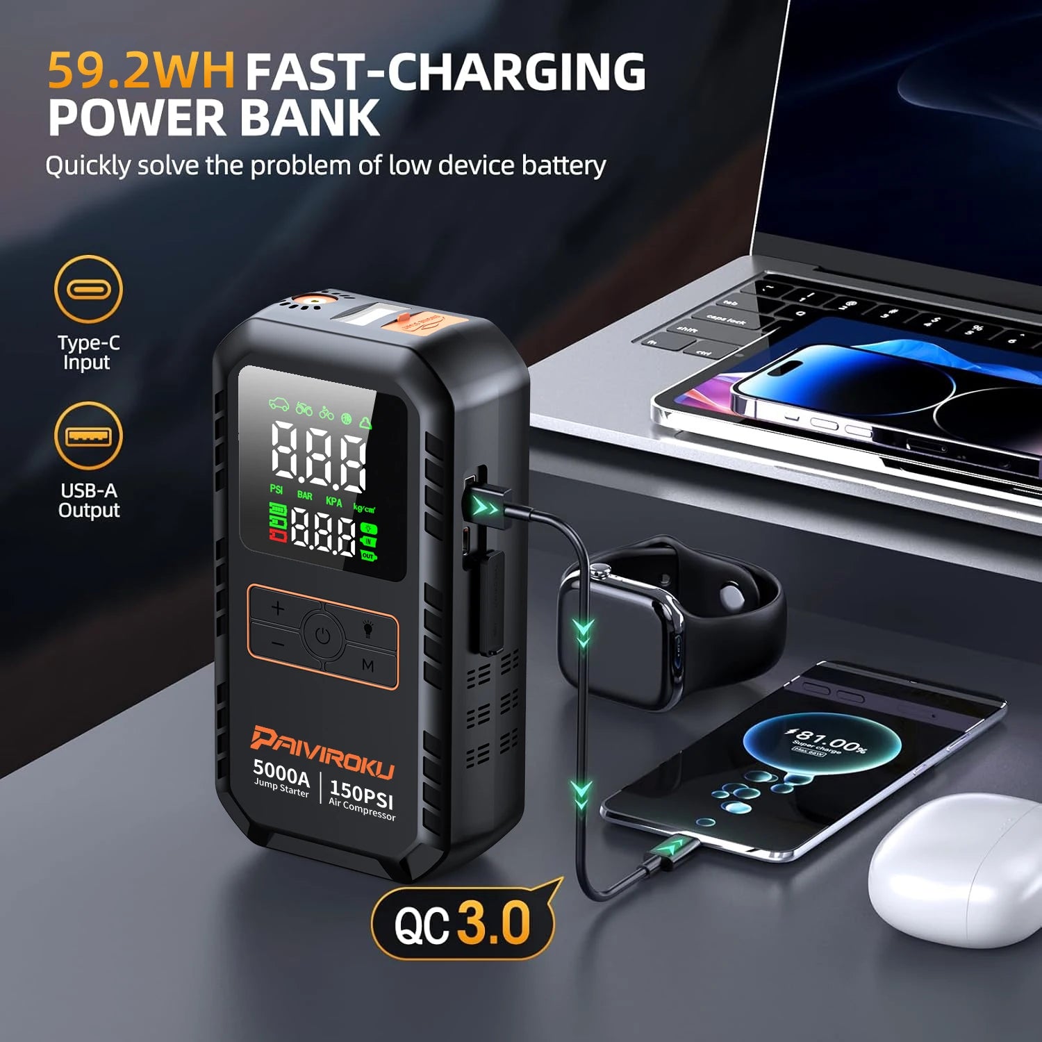 4-in-1 Portable Car Jump Starter with Tire Inflator & 150PSI Air Compressor - 21