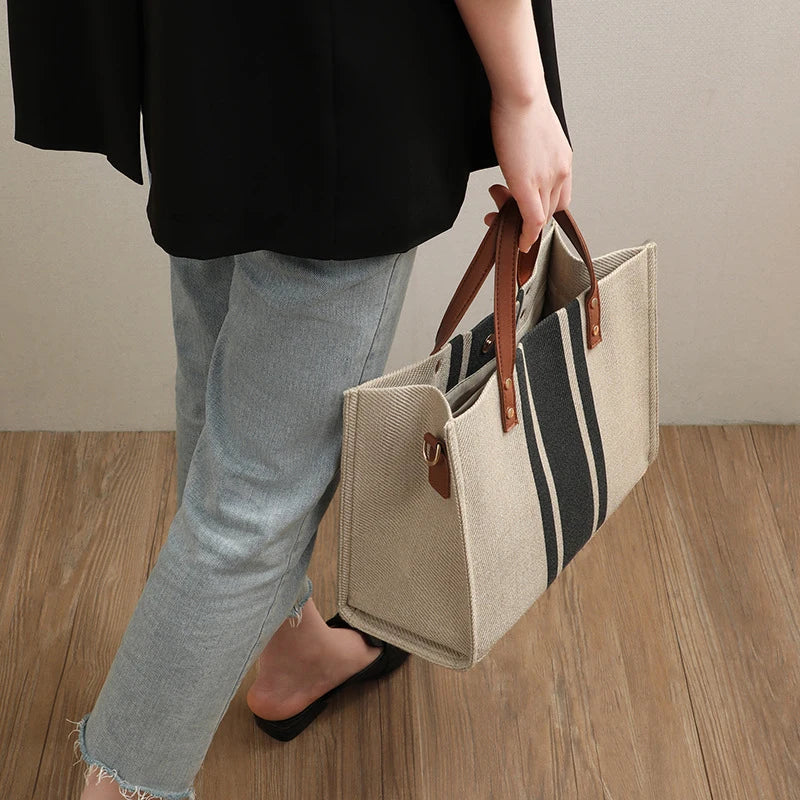 Luxury Striped Canvas Bucket Bag