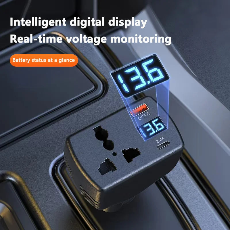 150W Car Power Inverter 12V/24V to 220V with Fast USB Charger & Voltage Monitor - 2