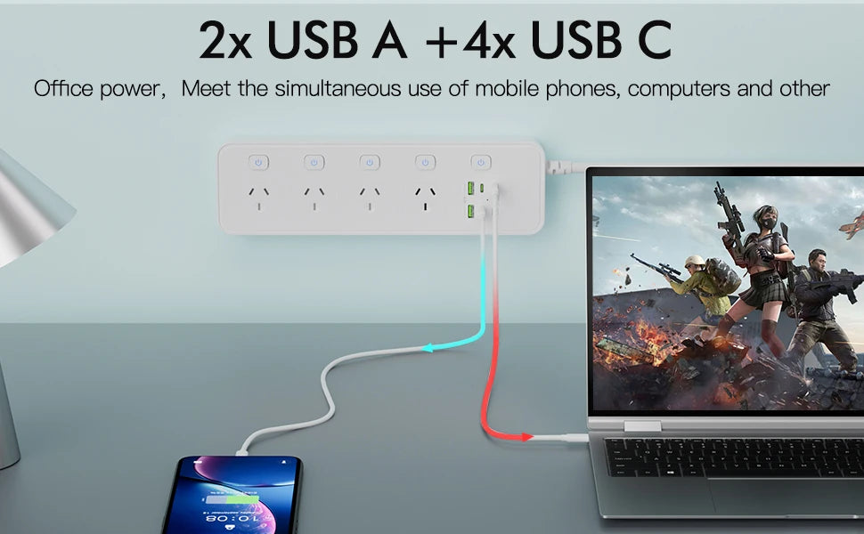 Australian Multi-Plug Power Board with 6 USB Fast Charging Ports & Switches - 7