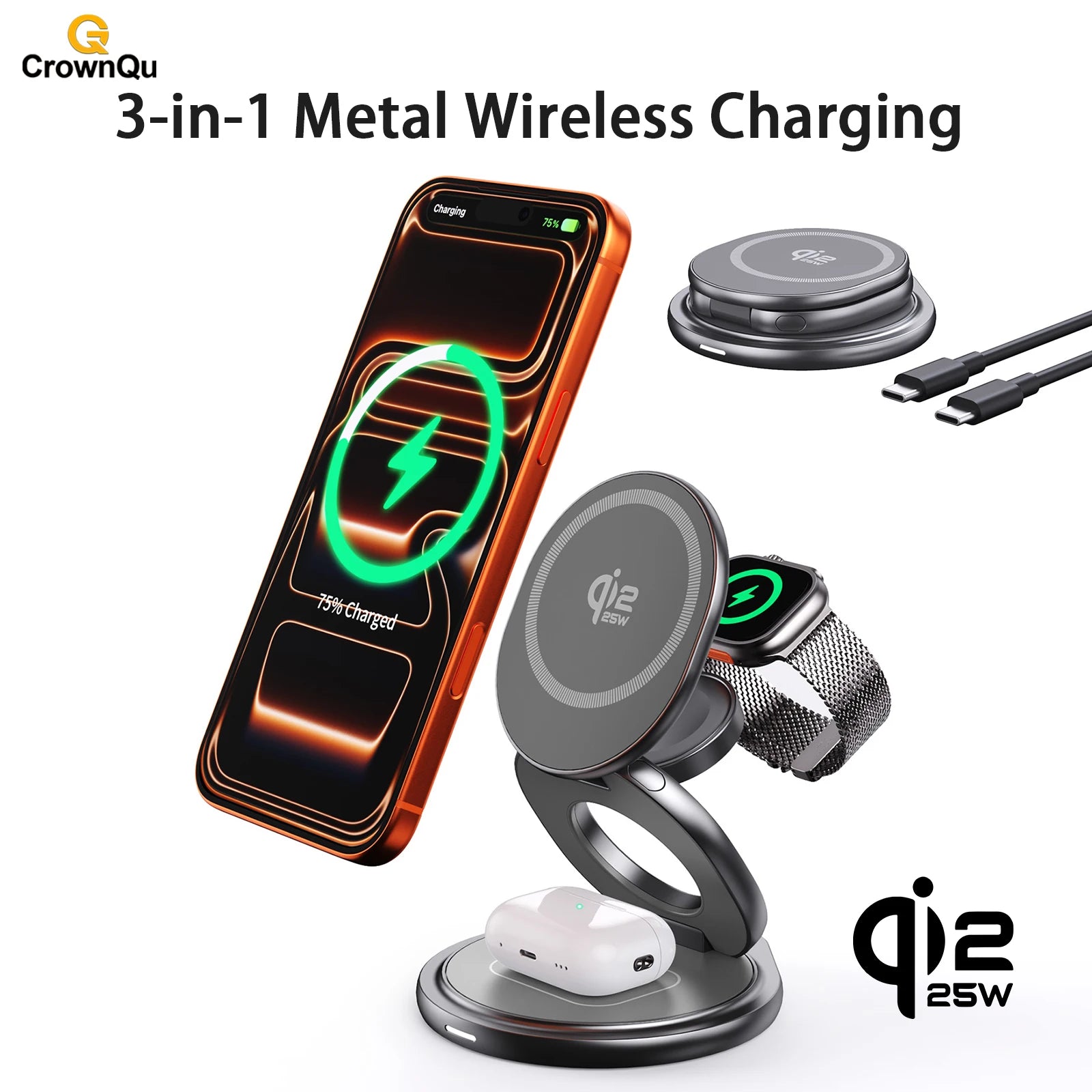 Qi2.2 25W 3-in-1 Magnetic Wireless Charging Station for iPhone & Watch - 1