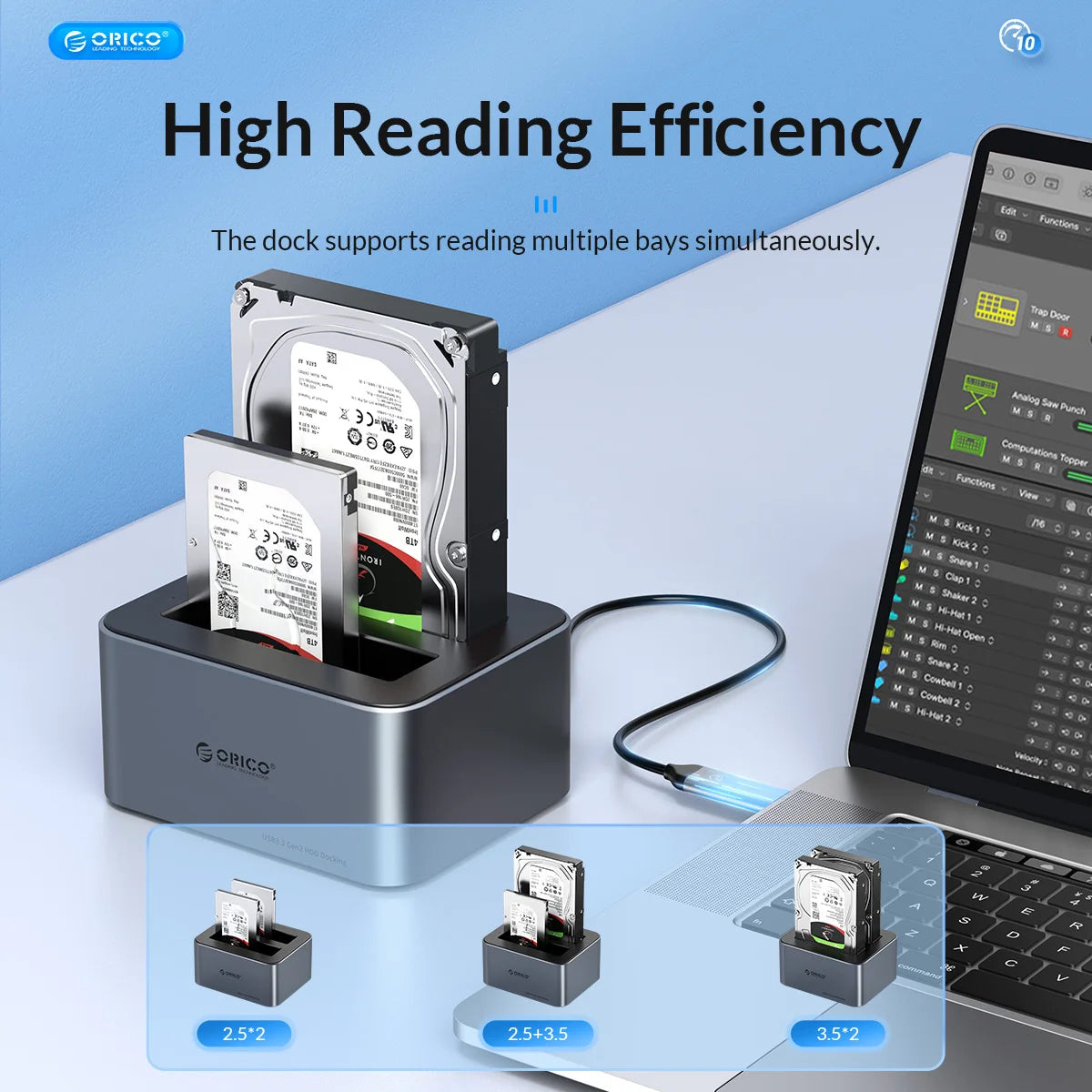 ORICO Dual-Bay Hard Drive Docking Station, 10Gbps Type-C for 2.5/3.5" HDD/SSD