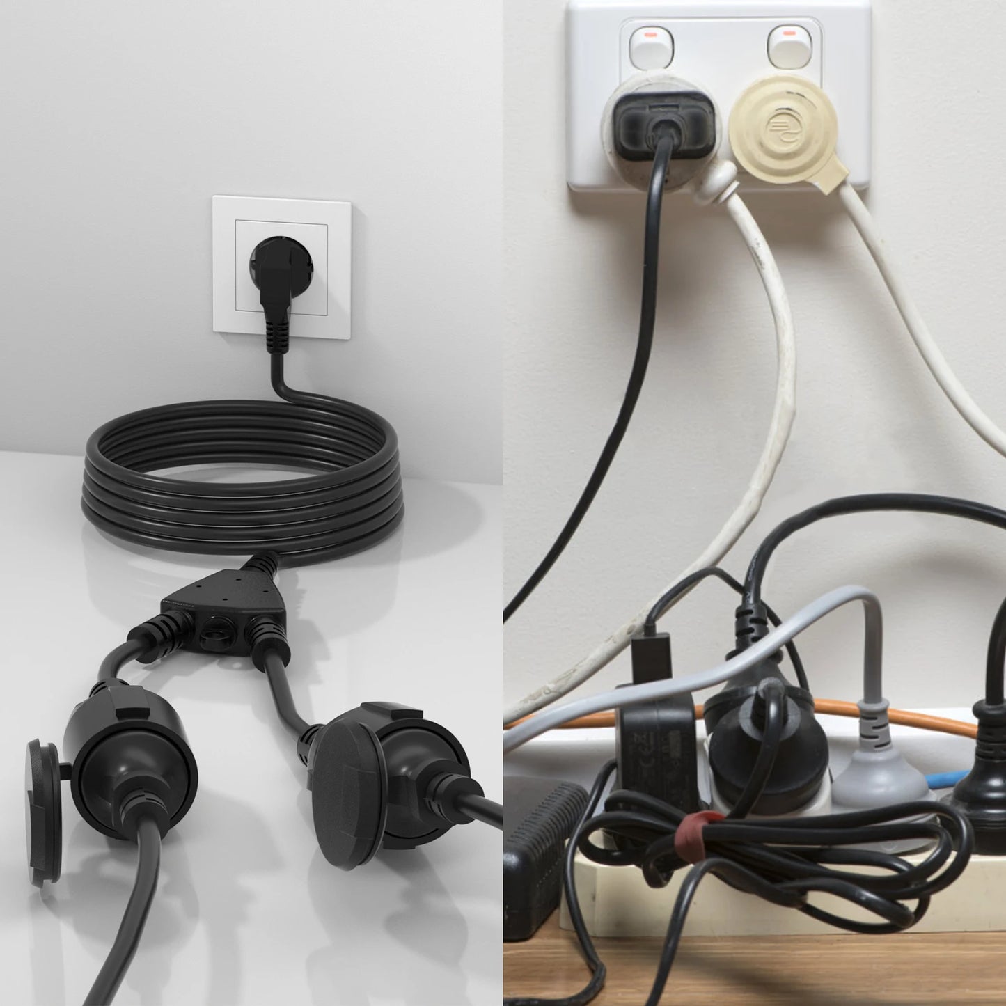 Waterproof European Standard Extension Cord - 2-Way Power Socket Splitter