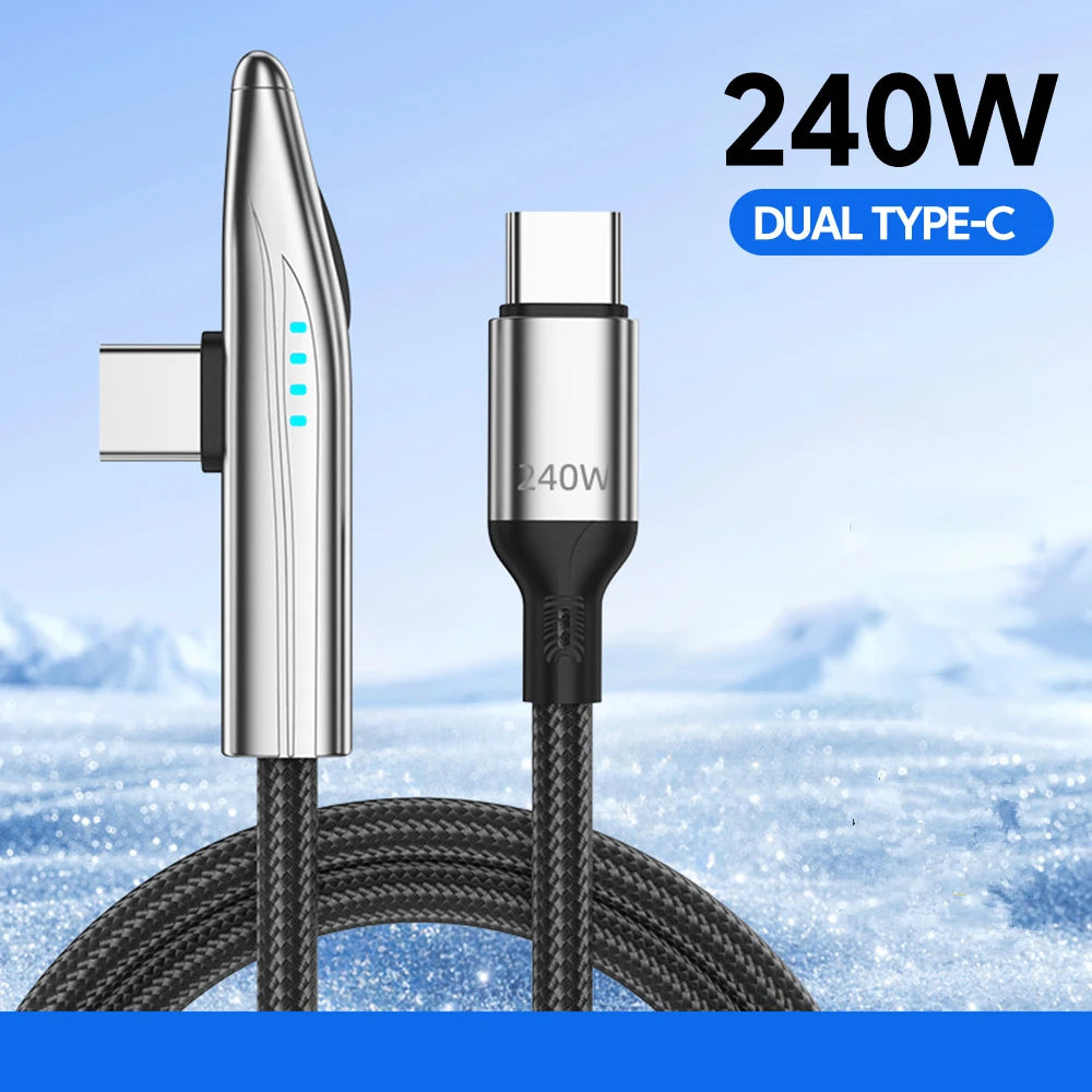 240W USB-C to USB-C Fast Charging Cable - 90 Degree Elbow for Gaming - 16