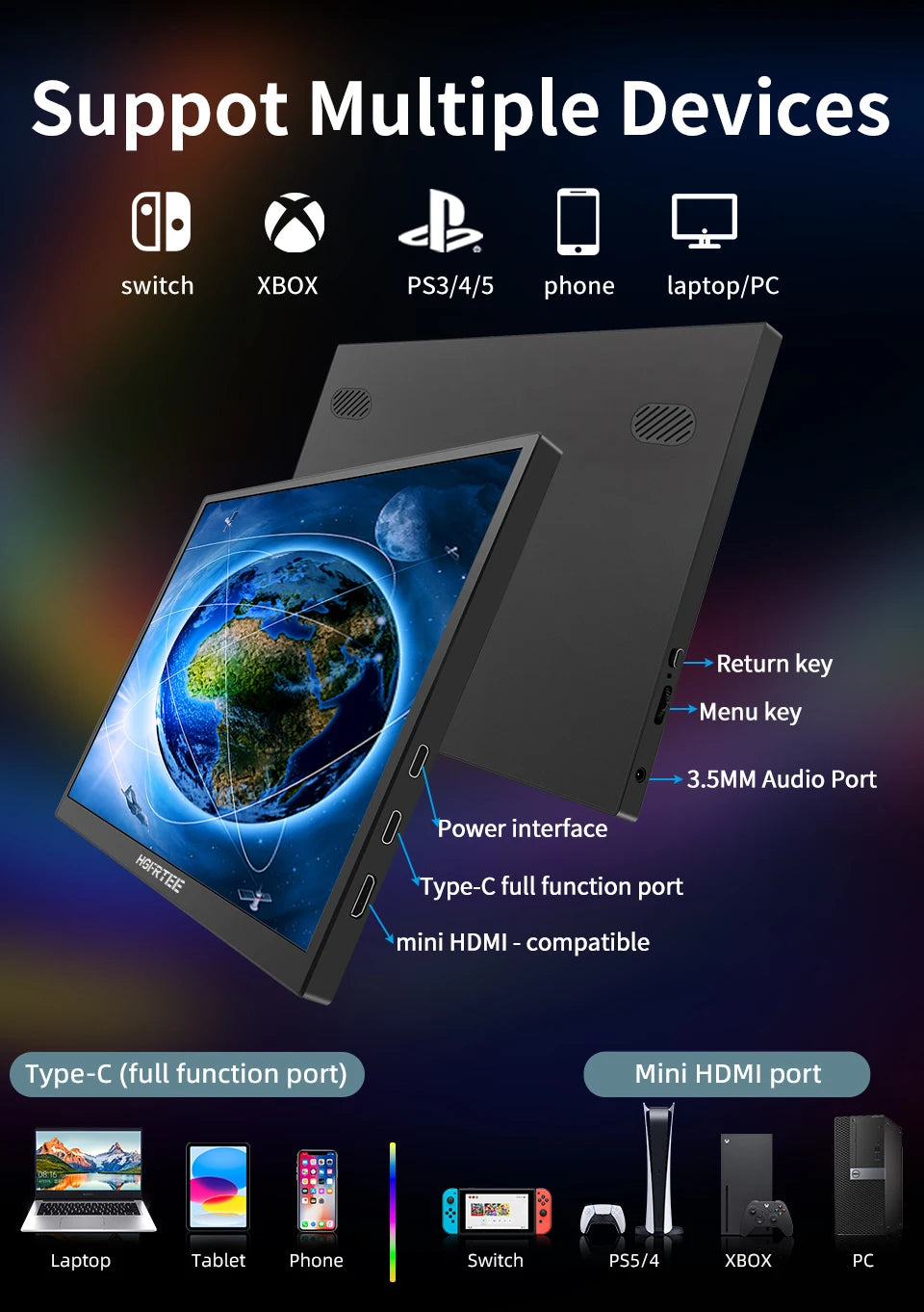10.5" Portable IPS Monitor - 1920x1280 100% sRGB Gaming Display for Laptop - 9