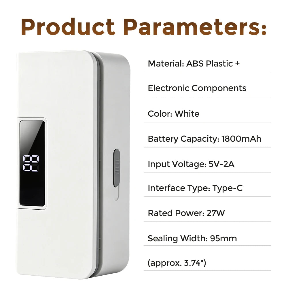 Portable Rechargeable Mini Bag Sealer with Built-in Cutter and 8 Heat Levels