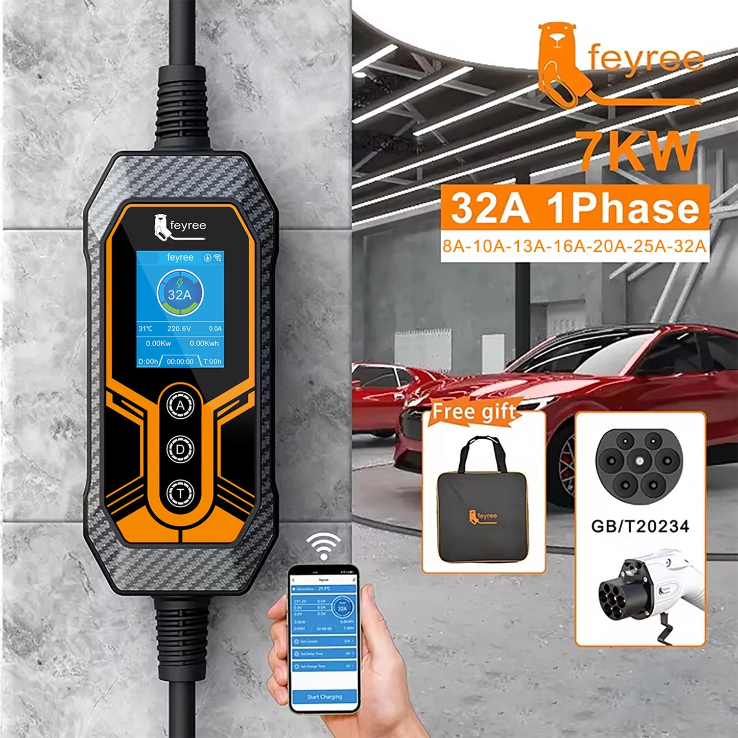 Smart Portable EV Charger - 11KW/7KW Adjustable WiFi App Control