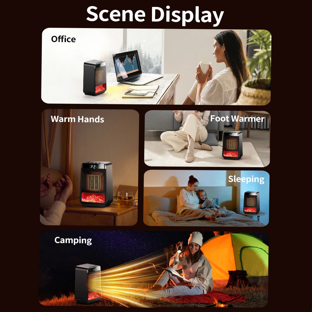 Portable Electric Ceramic Space Heater with Ambient Flame Light & Timer