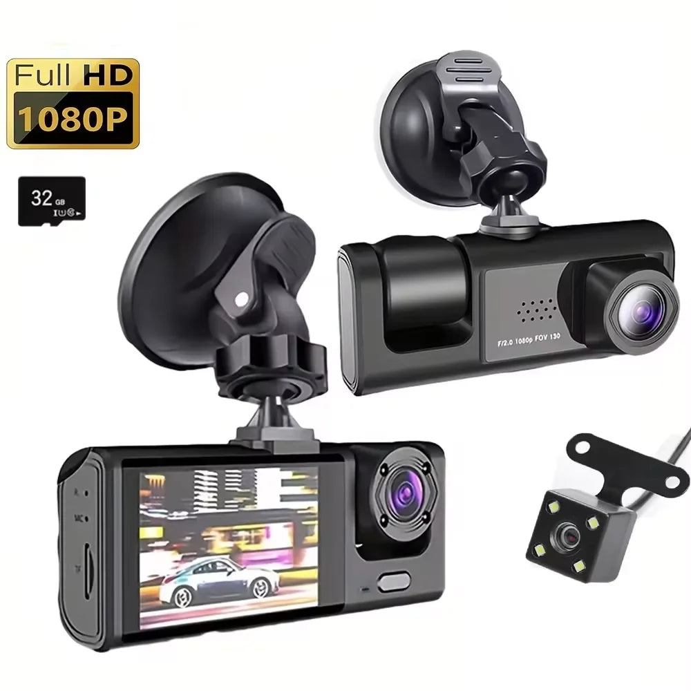 3-Lens 1080P Dash Cam with IR Night Vision, Loop Recording & G-Sensor