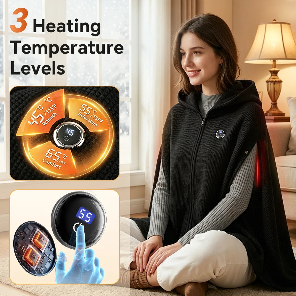 Graphene Heated Hooded Wearable Shawl Blanket with 3 Adjustable Temperature Settings