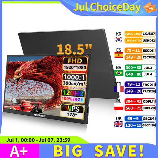 18.5" Portable Monitor 120Hz 100% sRGB HDR Gaming & Laptop Display