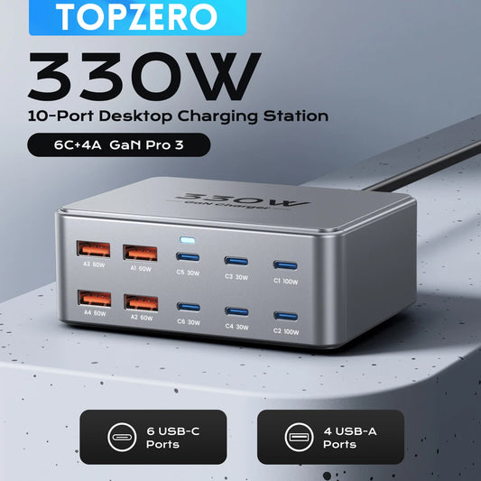330W 10-Port GaN Fast Charging Station for Laptops, Smartphones & Tablets