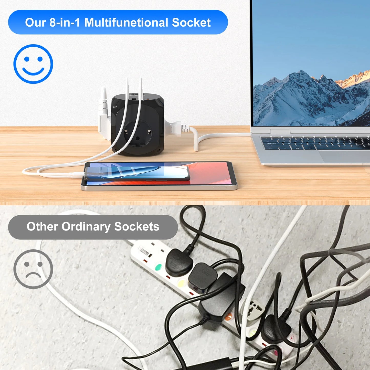 4-Way Cube Power Strip with USB-C & USB-A Fast Charging - 2M Extension Cord
