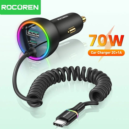 70W Fast USB-C Car Charger with 1.6m Retractable Spring Cable