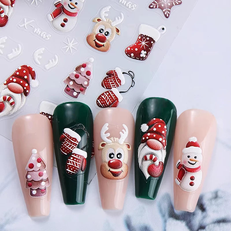 Christmas 3D Embossed Nail Art Stickers - Winter Holiday Manicure Decals