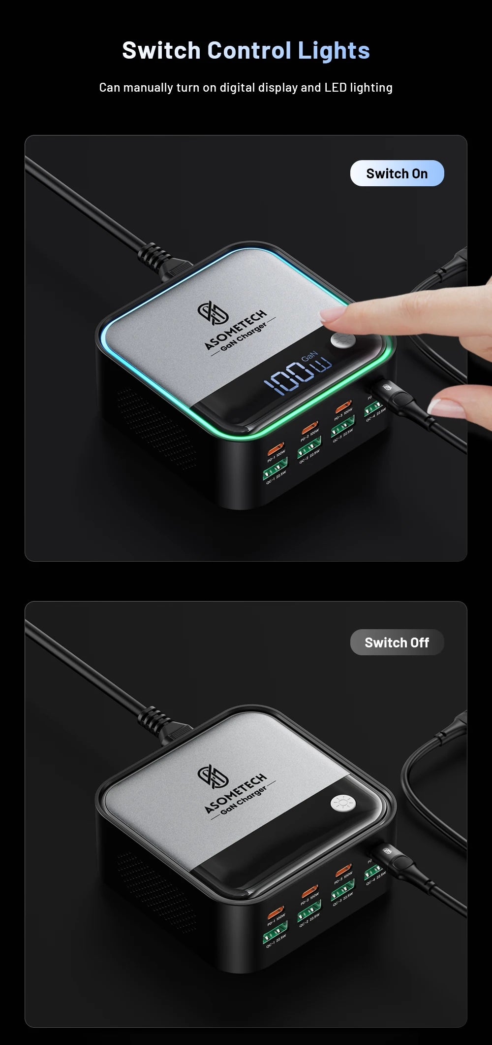 100W GaN 8-Port Desktop USB Charger with LED Digital Display & Lighting