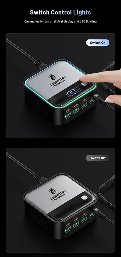 100W GaN 8-Port Desktop USB Charger with LED Digital Display & Lighting