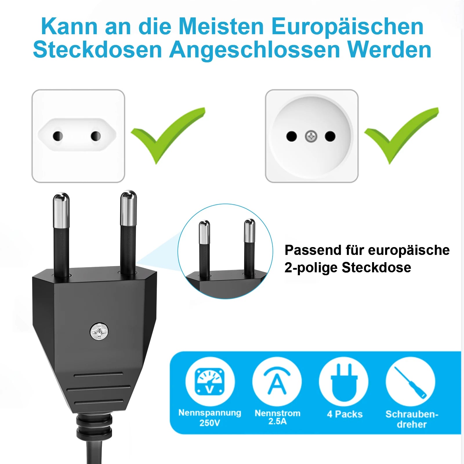 EU Plug Adapter Repair Kit - 250V Rewireable Schuko Power Connector - 4