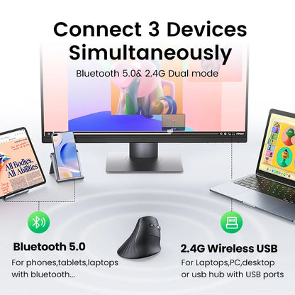 Ergonomic Wireless Vertical Mouse - Silent Bluetooth & 2.4G Optical Mouse