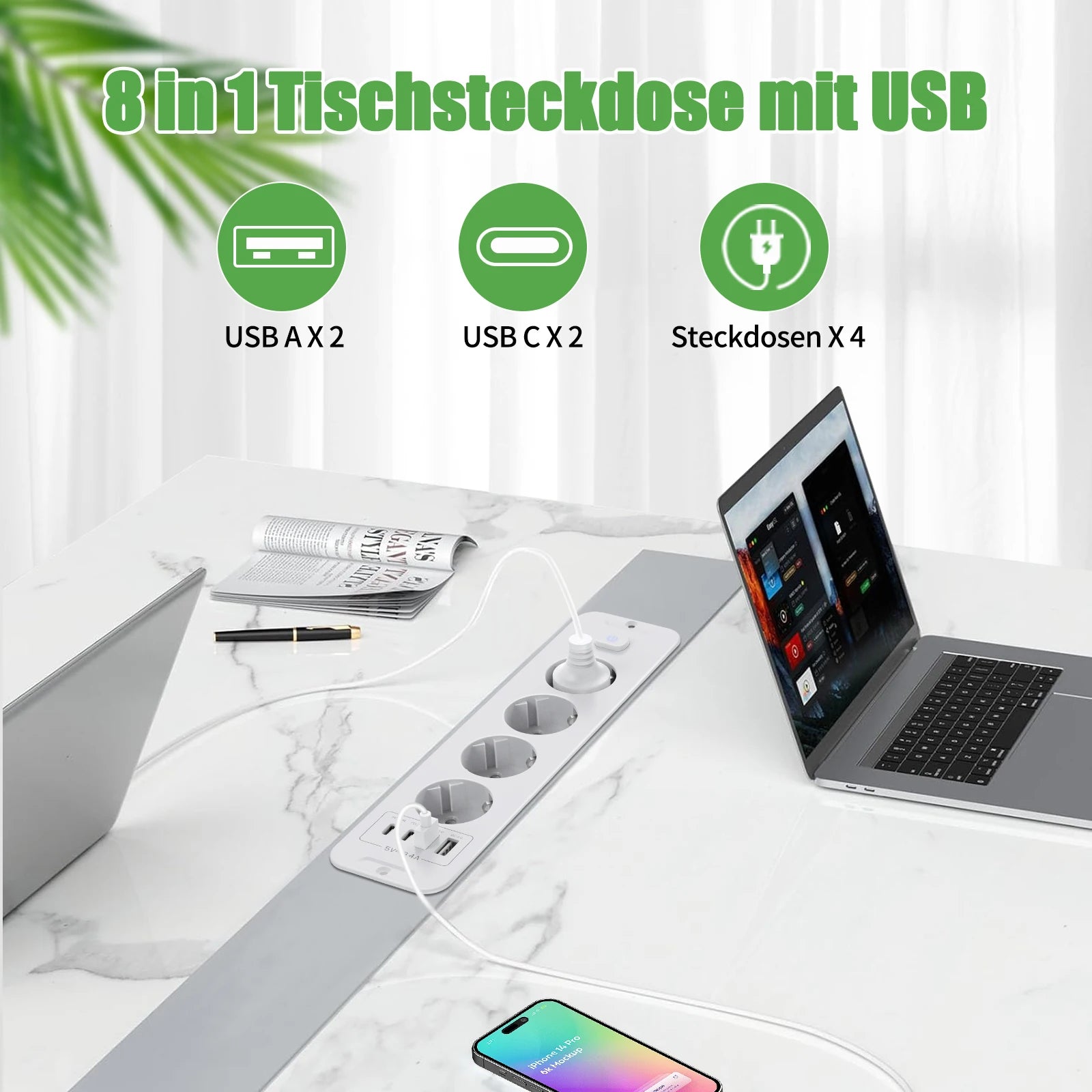 Retractable Desktop Power Strip with 4/6 AC Outlets, USB-C & PD 20W Fast Charge - 2