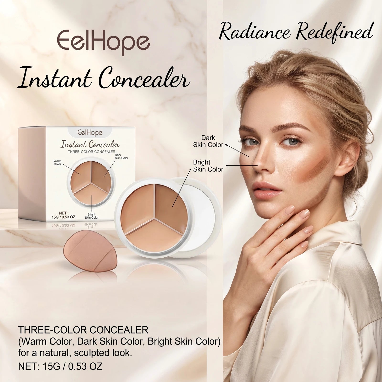 3-Color Cream Concealer Palette for Flawless Coverage & Contouring - 1