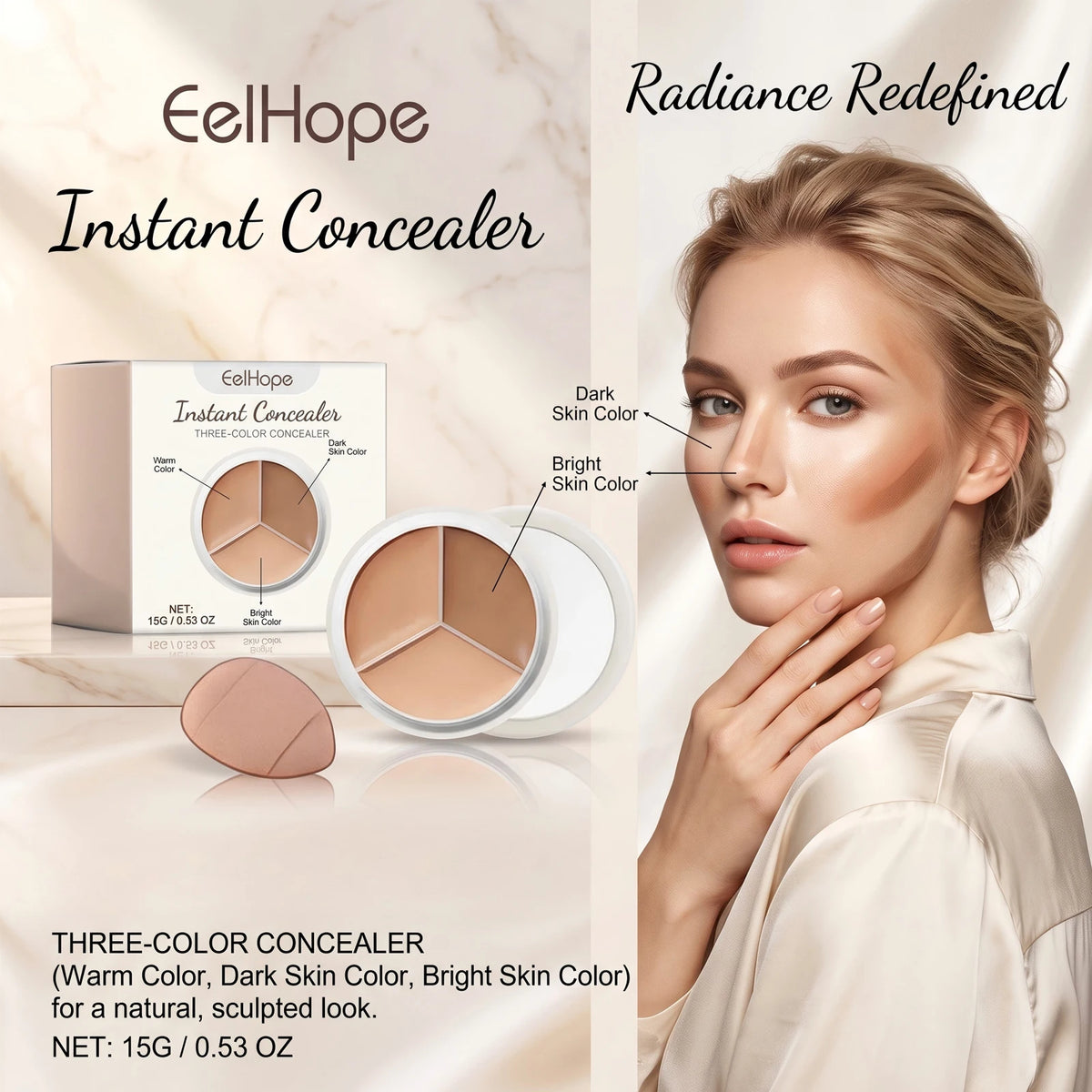 3-Color Cream Concealer Palette for Flawless Coverage & Contouring