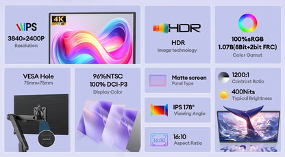16" 4K Portable Monitor - 3840x2400 IPS HDR10 Display for Laptop & Gaming