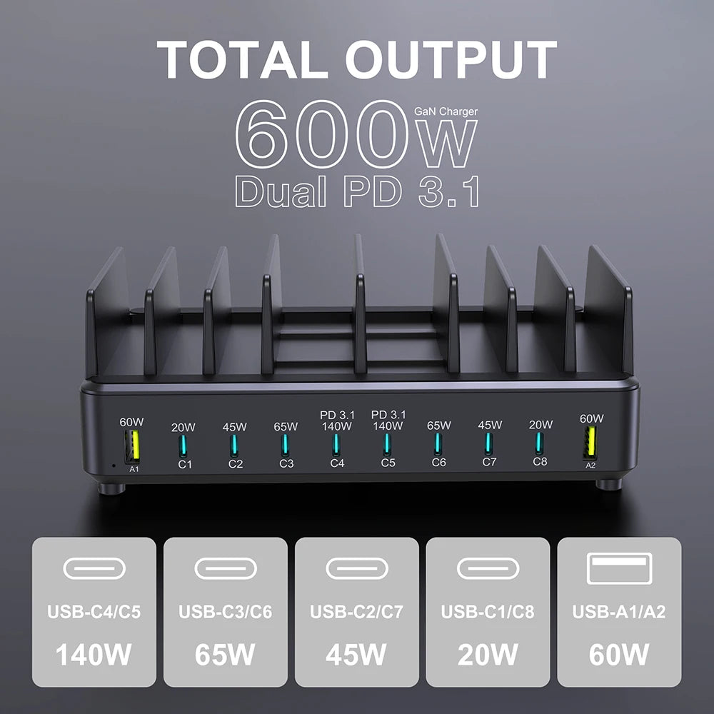 600W 10-Port GaN Desktop Charging Station - Fast PD 3.1 USB-C Charger
