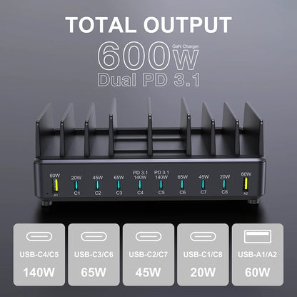 600W 10-Port GaN Desktop Charging Station - Fast PD 3.1 USB-C Charger
