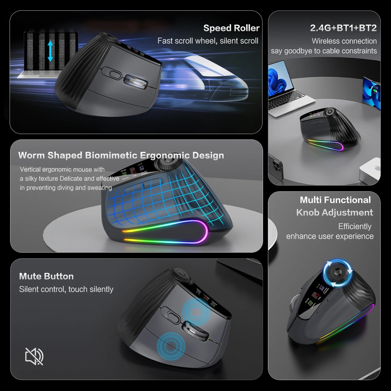 Ergonomic Wireless Vertical Mouse with RGB Backlight & Precision Knob - 5