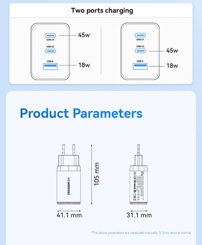 67W GaN 3-Port USB-C Fast Charger - Universal PD & QC Wall Adapter