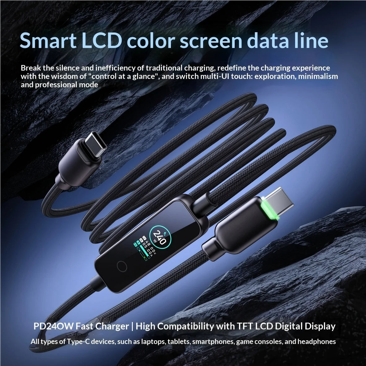 240W USB-C Fast Charging Cable with Real-Time LED Power Display