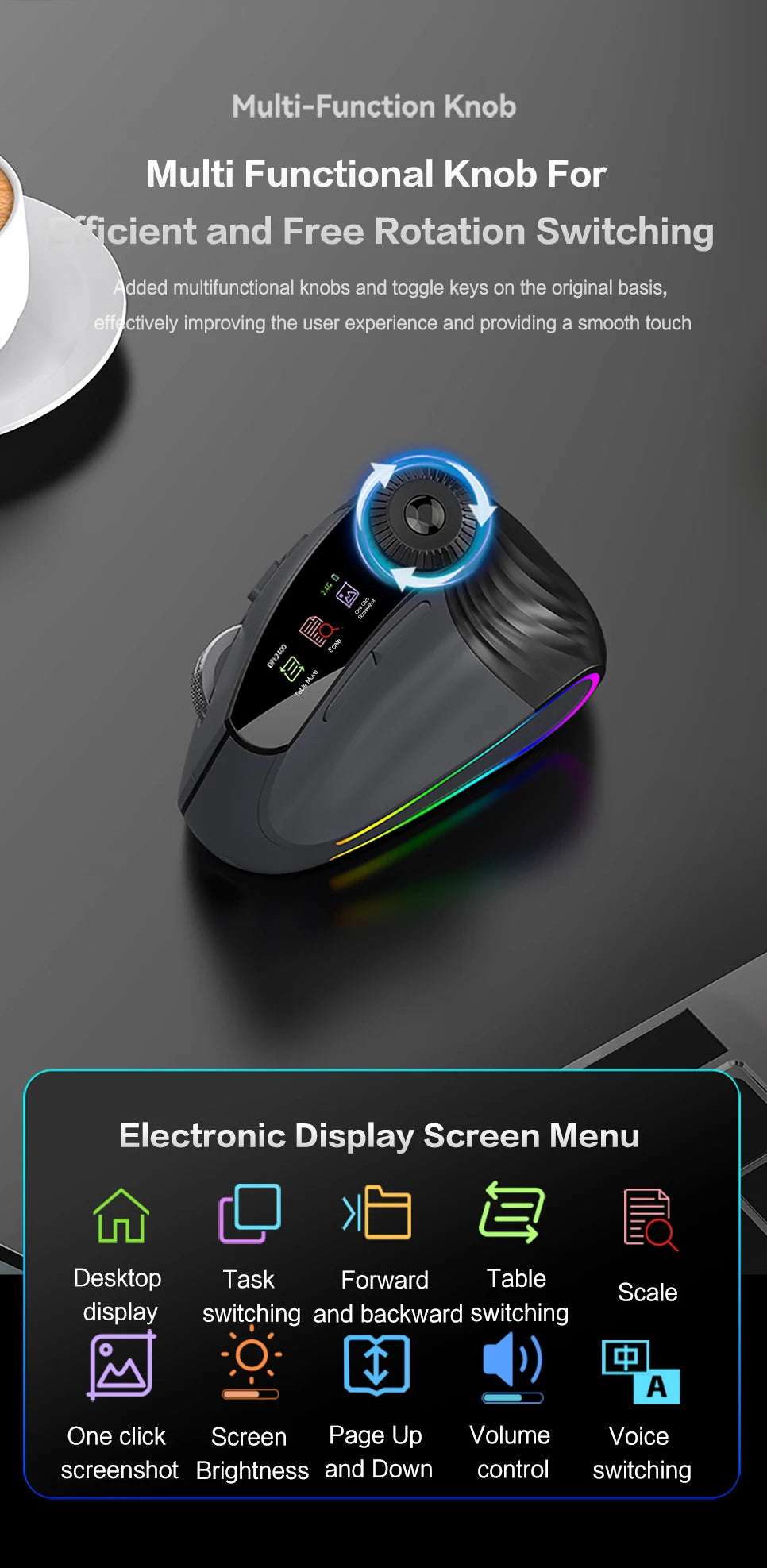 Ergonomic Wireless Vertical Mouse with RGB Backlight & Precision Knob - 15