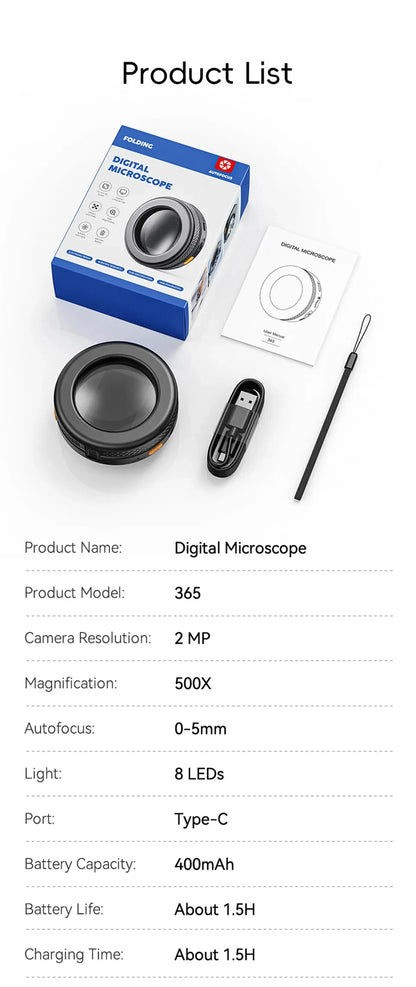1080P Foldable Handheld Digital Microscope - 500X Zoom Magnifier with 2" IPS Screen