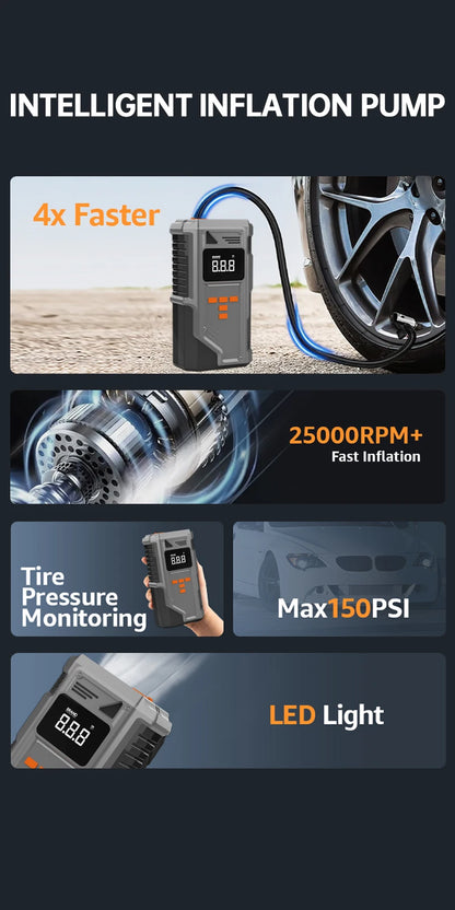 Portable Car Jump Starter with 10.2 Bar Tire Inflator & Emergency Pump