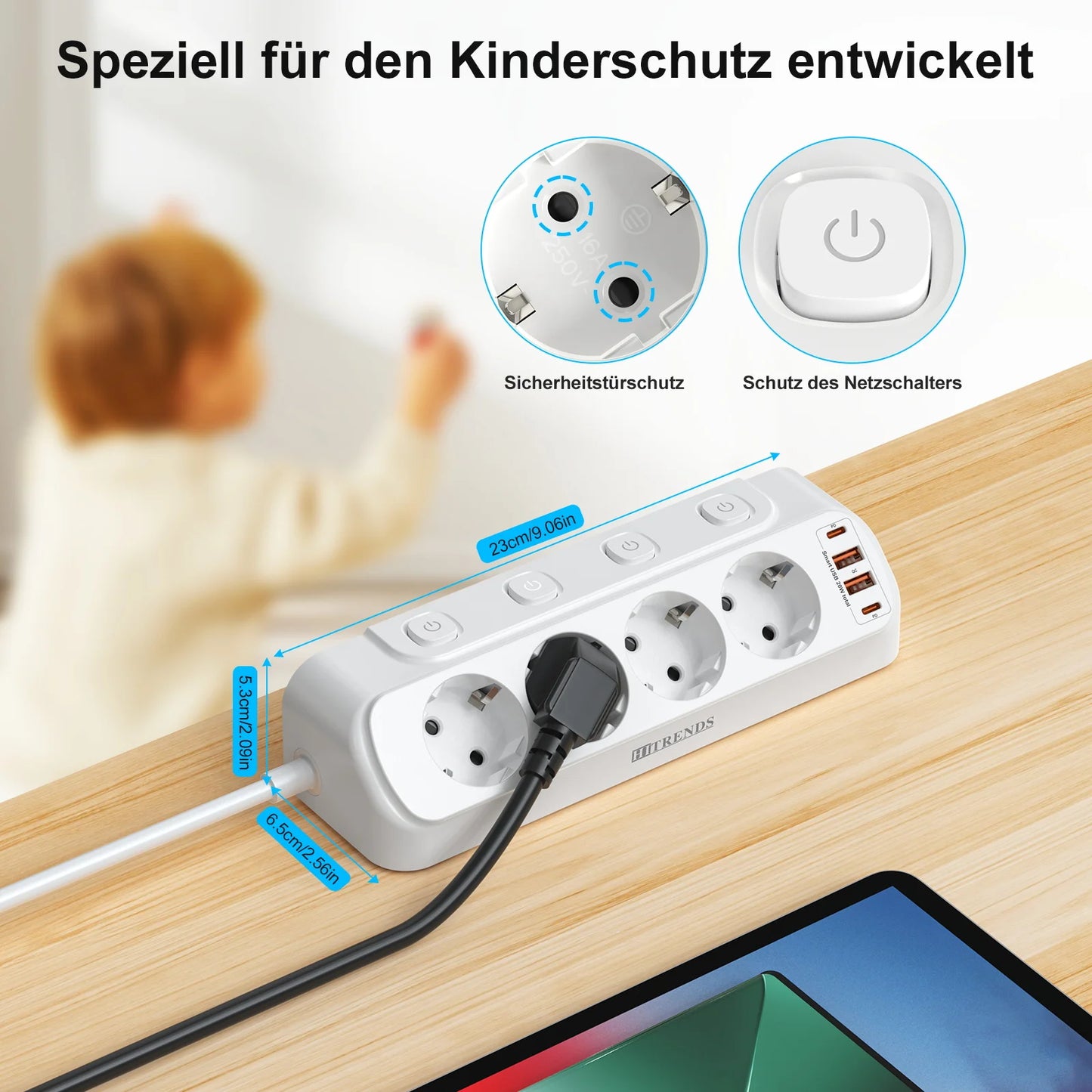 8-in-1 EU Power Strip with 4 Outlets, 2 USB-C & 2 USB-A Fast Charging