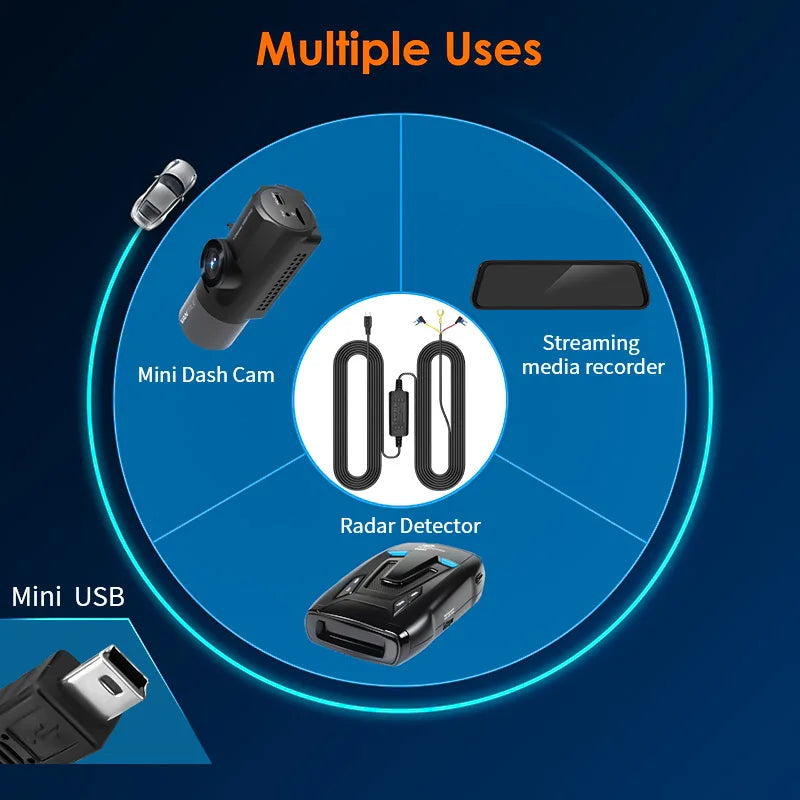 24H Dash Cam Hardwire Kit - USB Type-C & Mini USB Parking Monitor Cable - 5