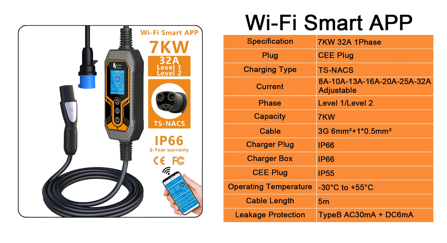7KW NACS Portable EV Charger for Tesla Model 3/Y/S/X with WiFi App Control