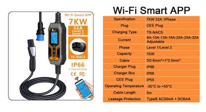 7KW NACS Portable EV Charger for Tesla Model 3/Y/S/X with WiFi App Control
