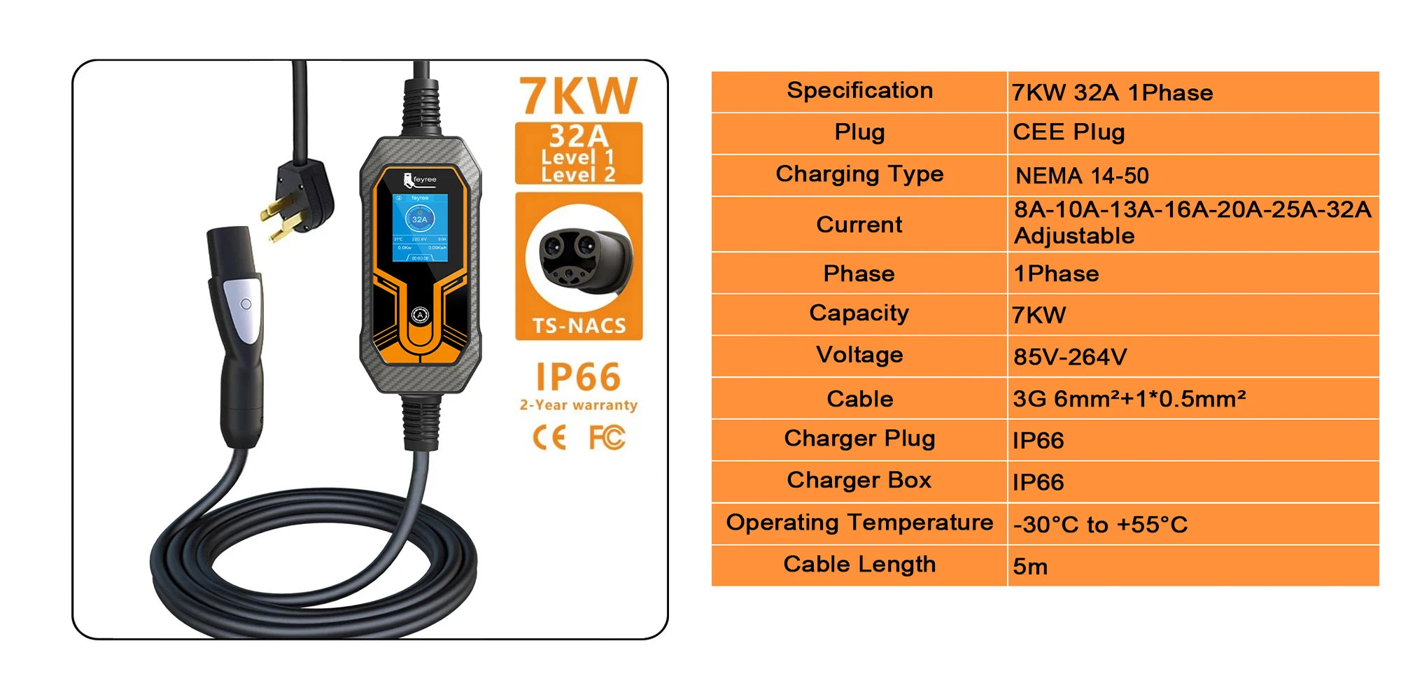 7KW Portable EV Charger for Tesla - Level 2 Adjustable Current Wallbox 5m - 9