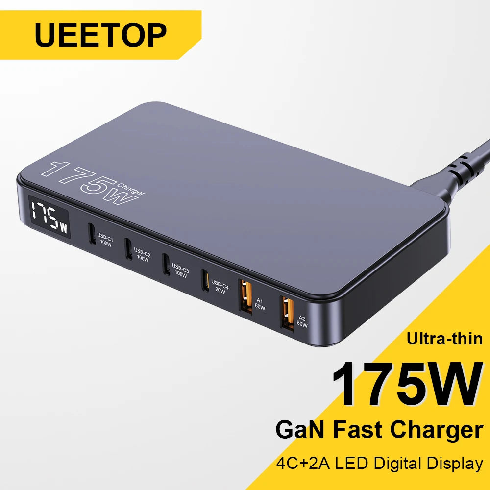 175W GaN Fast Charger with 6-Port Desktop Power Hub & LED Display - 1
