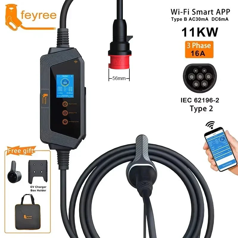 11KW Portable EV Charger Type 2, Wi-Fi App Control, 16A Fast Charging - 1