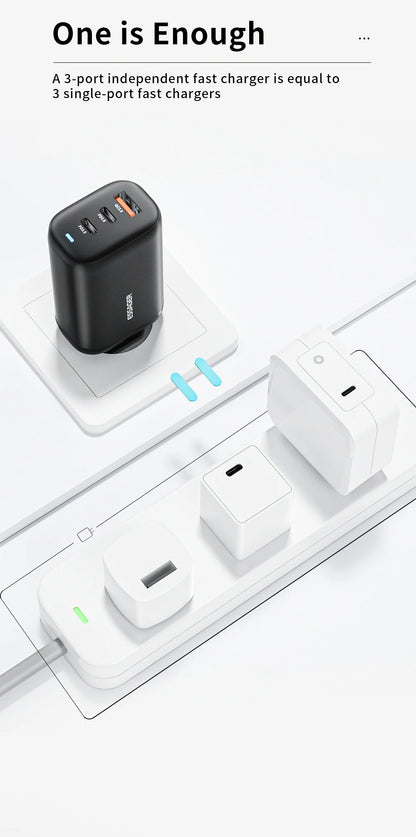 65W GaN Fast Charger - Triple Port USB-C Wall Charger for Laptop & Phone