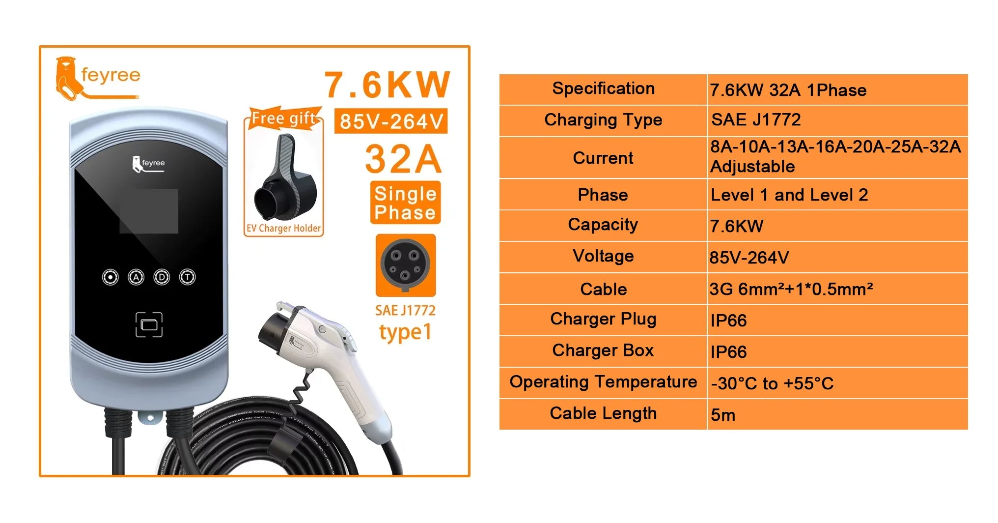 50A 12KW Type 1 EV Charging Station - Fast Home Electric Vehicle Charger - 5