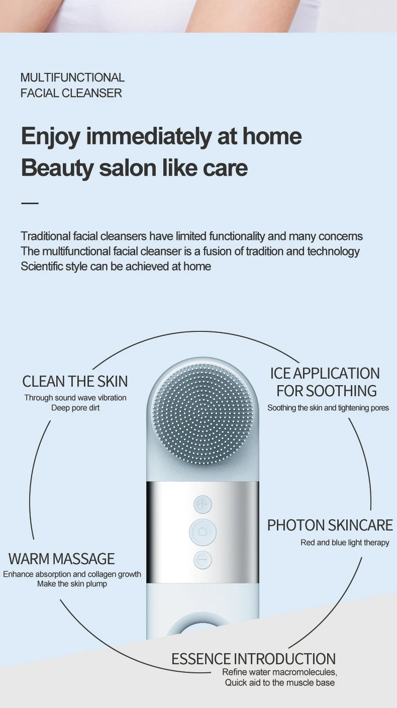 Hot & Cold Sonic Facial Cleansing Brush - Waterproof Silicone Face Massager - 9