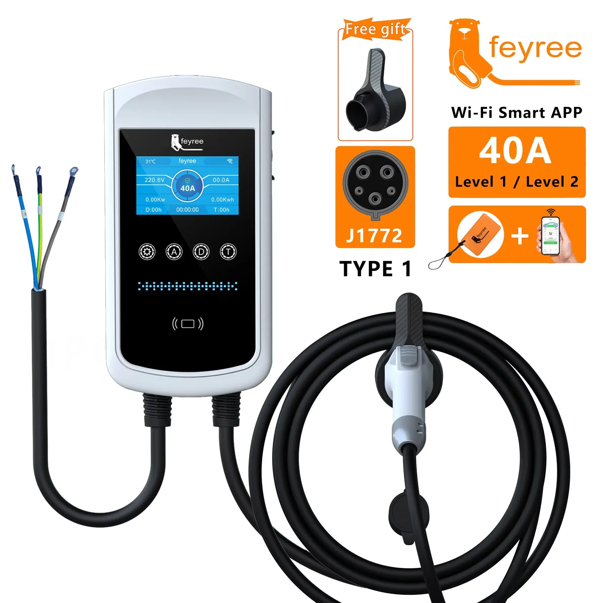 Smart EV Wallbox Charger - Type 1 Adjustable 32A-50A Station with Wi-Fi App - 43