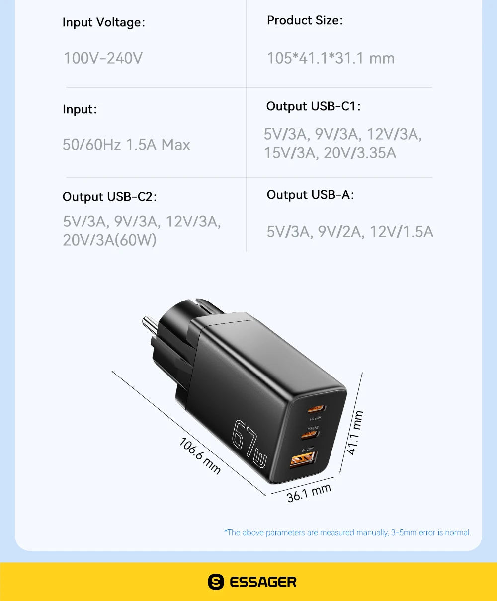 Essager 67W GaN USB-C Fast Wall Charger - Multi-Port Power Adapter - 18